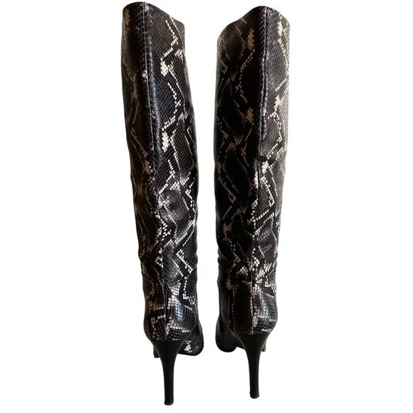Sigerson Morrison Python Embossed Knee-High Leather Boots 40 Black Brown Snake - Picture 7 of 14